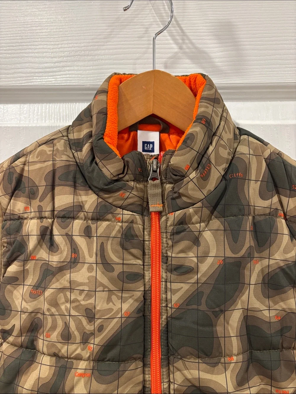 GAP Camouflage Puffer Vest with Bright Orange Trim
